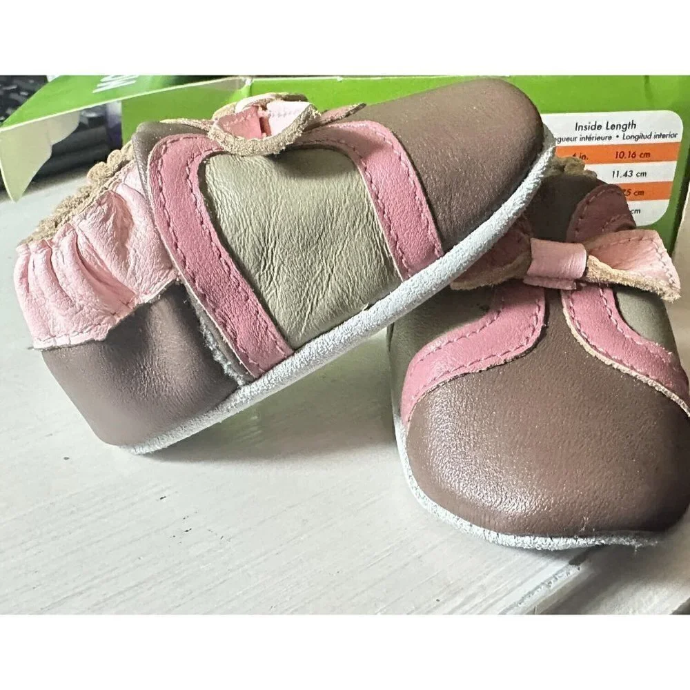 Momo Baby 0-6 Month Soft Sole Bootie Leather Baby Shoes Brown‎ And Pink Bow New